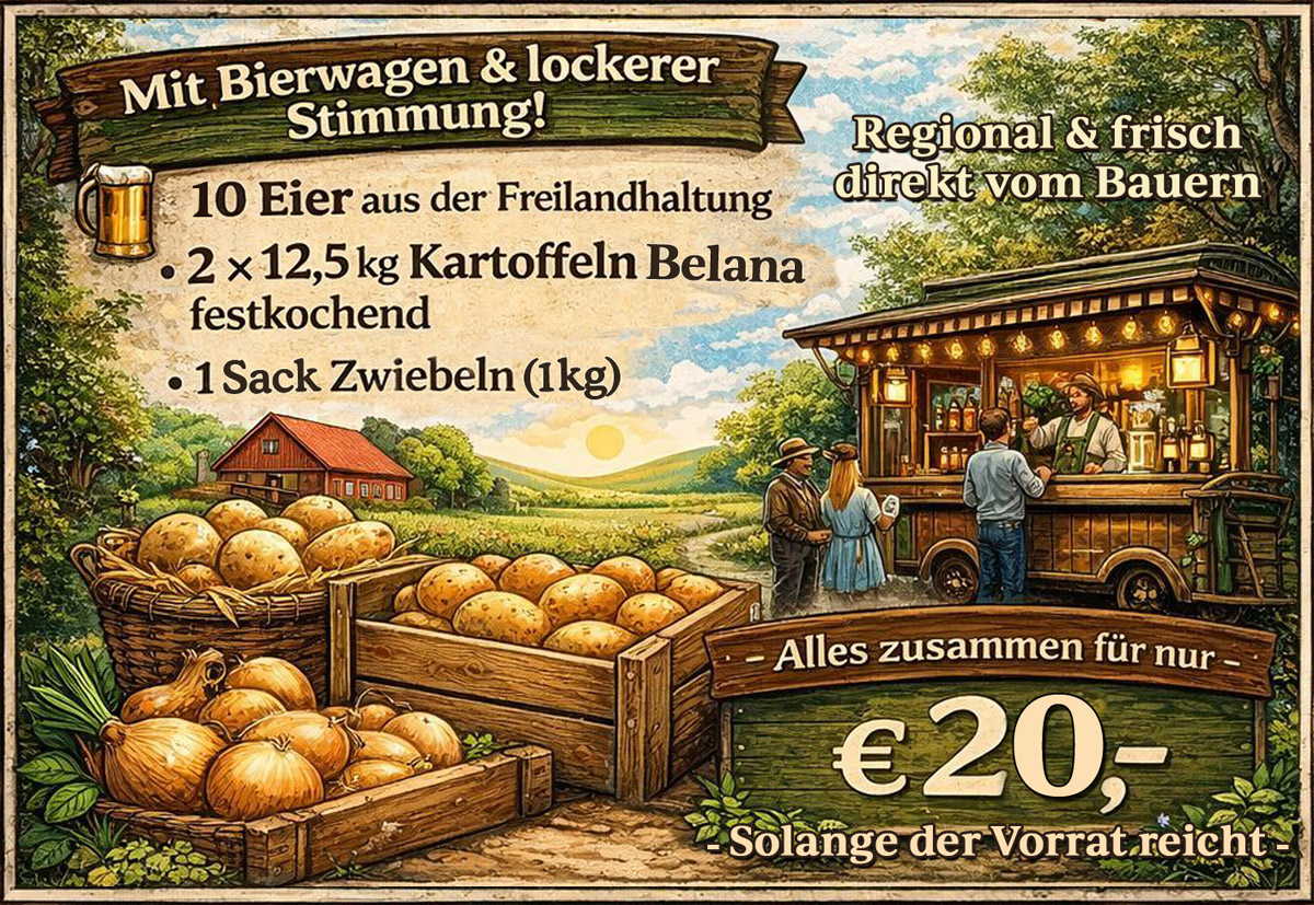 Hofladen Eggstübchen - Eröffnungsangebot - Die Regio-Kiste: 10 Eier aus Freilandhaltung, 2x12,5kg Kartoffeln Belana und 1 kg Zwiebeln für 20,-€